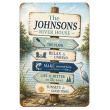 Load image into Gallery viewer, Personalized river house metal sign with heron and rustic waterfront design
