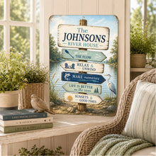 Load image into Gallery viewer, River house sign displayed in cozy wicker chair and books in a sunroom 
