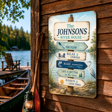 Load image into Gallery viewer, Rustic river house sign mounted on lakeside cabin wall
