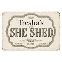 Load image into Gallery viewer, Personalized She Shed metal sign with custom name in vintage farmhouse style for garden retreat decor
