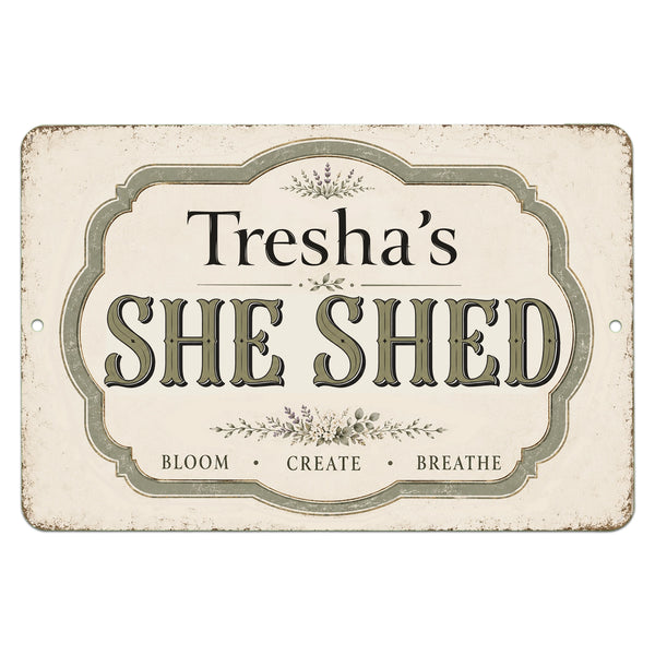 Personalized She Shed metal sign with custom name in vintage farmhouse style for garden retreat decor