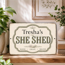 Load image into Gallery viewer, Decorative personalized sign with 'Tresha's SHE SHED' on a shelf with plants and decor.
