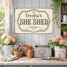Load image into Gallery viewer, Personalized She Shed Sign – Custom Garden Retreat Metal Wall Decor
