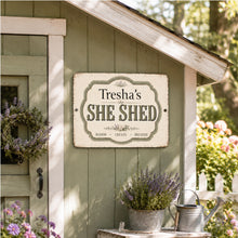 Load image into Gallery viewer, Personalized She Shed sign displayed on the exterior of a cozy backyard she shed
