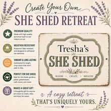 Load image into Gallery viewer, Personalized She Shed sign featuring durable aluminum construction and farmhouse garden style
