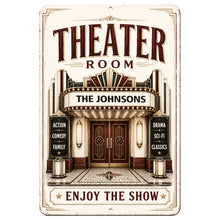 Load image into Gallery viewer, Personalized vintage theater room sign with custom family name marquee, Art Deco home theater wall decor for movie rooms and man caves.

