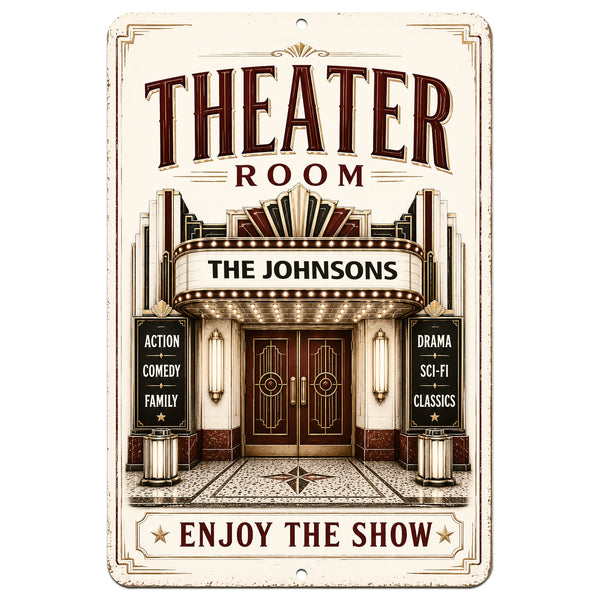 Personalized vintage theater room sign with custom family name marquee, Art Deco home theater wall decor for movie rooms and man caves.