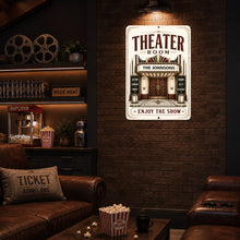 Load image into Gallery viewer, Personalized vintage theater room sign hanging in a cozy home theater with custom marquee and classic Art Deco movie theater styling.
