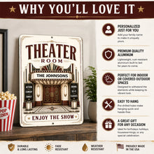 Load image into Gallery viewer, Features of the personalized theater room sign including custom marquee, premium aluminum construction, and easy hanging display.

