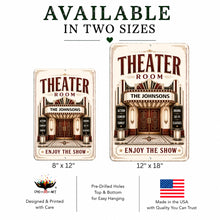 Load image into Gallery viewer, Personalized theater room sign available in 8x12 and 12x18 sizes with custom marquee for home theaters and movie rooms.
