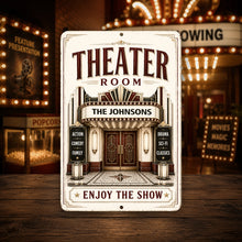 Load image into Gallery viewer, Up close image of Personalized theater room sign with custom family name marquee, Art Deco home theater wall decor for movie rooms and man caves.
