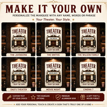 Load image into Gallery viewer, Personalized theater room sign showing custom marquee examples including family names, movie night, and custom theater text.
