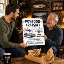 Load image into Gallery viewer, Father gifting funny Pontoon Forecast metal sign to older man inside rustic lake house cabin with cozy waterfront decor
