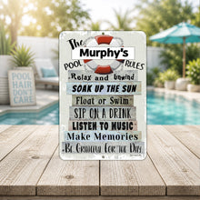 Load image into Gallery viewer, Personalized Pool Rules Metal Sign – Custom Family Name Pool Decor
