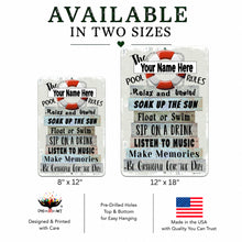 Load image into Gallery viewer, Custom pool party sign graphic showing two size options: 8x12 and 12x18. The signs feature a rustic white background with a weathered look, a red and white life preserver, and stacked sign-style panels with customizable text.

