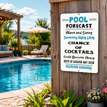 Load image into Gallery viewer, Pool Forecast metal sign mounted on outdoor pool house wall near backyard pool and patio seating
