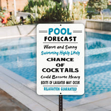 Load image into Gallery viewer, Pool Forecast aluminum sign showing detailed poolside weather forecast design and colorful summer artwork
