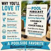 Load image into Gallery viewer, Pool Forecast pool sign infographic highlighting durable aluminum construction and poolside decor features
