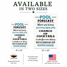 Load image into Gallery viewer, Pool Forecast metal sign size comparison showing 8 x 12 inch and 12 x 18 inch sign options
