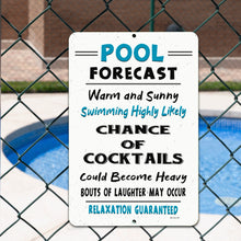 Load image into Gallery viewer, Pool Forecast metal sign displayed on backyard fence beside swimming pool and outdoor entertaining area
