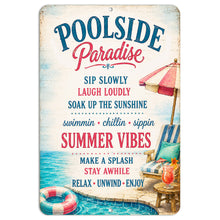 Load image into Gallery viewer, Poolside Paradise metal sign with colorful summer pool rules design
