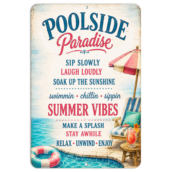 Poolside Paradise metal sign with colorful summer pool rules design