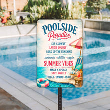 Load image into Gallery viewer, Close-up of Poolside Paradise pool rules sign with summer colors
