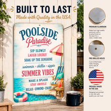 Load image into Gallery viewer, Poolside Paradise metal sign showing durable aluminum construction
