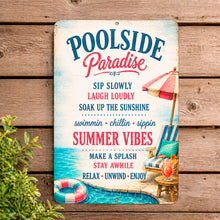 Load image into Gallery viewer, Poolside Paradise sign with bright tropical artwork for pool areas
