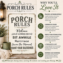 Load image into Gallery viewer, Porch Rules farmhouse metal sign with feature highlights showing outdoor decor benefits and inspirational sayings.
