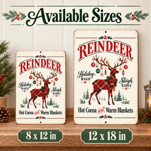 Load image into Gallery viewer, Vertical reindeer holiday metal sign shown in 8 by 12 inch and 12 by 18 inch sizes with vintage red lettering and plaid artwork.
