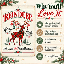 Load image into Gallery viewer, Rustic Christmas reindeer metal sign with illustrated product benefits highlighting durable aluminum, colorful printing, and convenient hanging.
