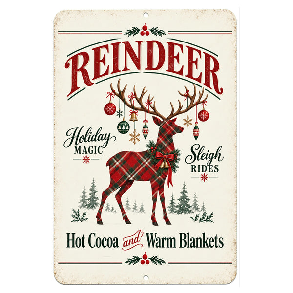 Vintage reindeer Christmas metal sign featuring a plaid-covered deer, bold red lettering, evergreen accents, and nostalgic holiday sayings on a cream background.