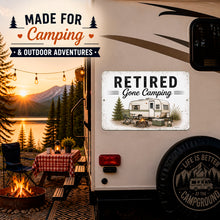 Load image into Gallery viewer, Retirement gift sign for camping lovers featuring rustic camper decor and cozy outdoor adventure theme
