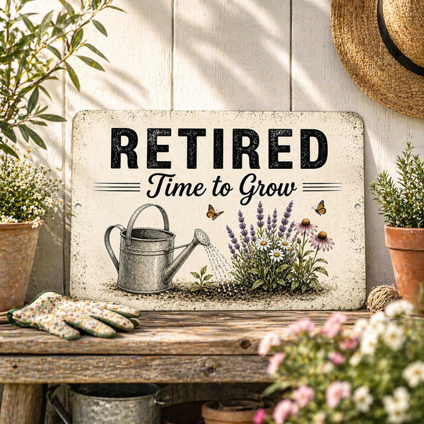 Retired Time to Grow aluminum garden sign with watering can and flowers displayed on rustic potting bench patio decor scene