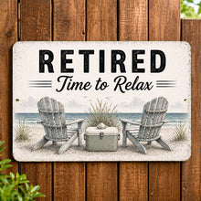 Load image into Gallery viewer, Decorative sign with 'Retired Time to Relax' text and beach scene on a wooden background
