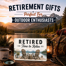 Load image into Gallery viewer, Retirement gift ideas for outdoor enthusiasts with a scenic background of mountains and lake.
