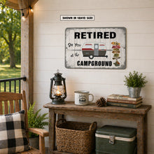 Load image into Gallery viewer, Retired campground sign displayed on porch wall with rustic camping decor
