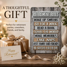 Load image into Gallery viewer, Thoughtful gift image for Retirement Rules metal sign with wrapped present and Happy Retirement card

