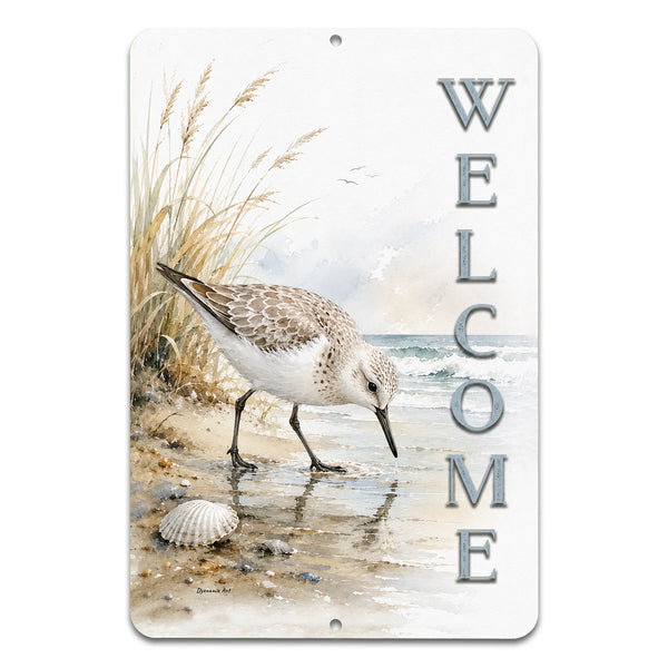 Sandpiper welcome aluminum sign with watercolor coastal beach artwork and seaside bird illustration