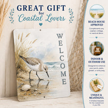 Load image into Gallery viewer, Decorative sign with a sandpiper bird and 'Welcome' text, suitable for coastal decor.
