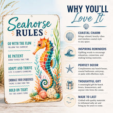 Load image into Gallery viewer, Colorful Seahorse Rules beach house sign featuring uplifting coastal-themed encouragement
