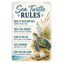 Load image into Gallery viewer, Sea Turtle Rules coastal beach house metal sign with inspirational sea turtle artwork and ocean-themed sayings
