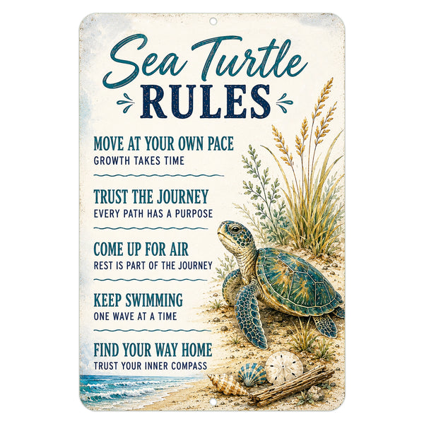 Sea Turtle Rules coastal beach house metal sign with inspirational sea turtle artwork and ocean-themed sayings