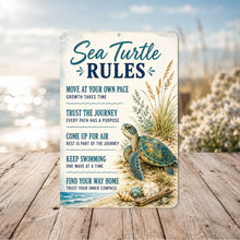 Load image into Gallery viewer, Sea Turtle Rules coastal wall decor sign displayed on a beachside deck overlooking the ocean
