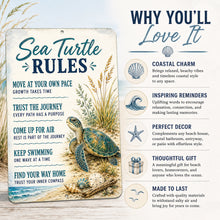 Load image into Gallery viewer, Sea Turtle Rules beach house sign featuring coastal charm, inspirational reminders, and sea turtle artwork
