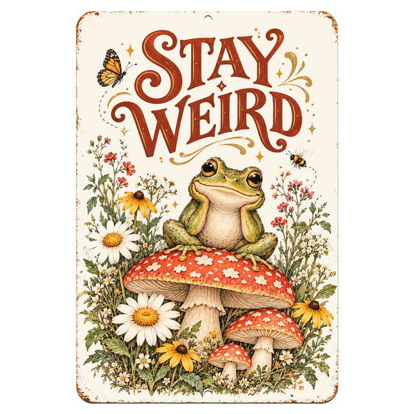 Stay Weird Frog Metal Sign featuring an adorable green frog sitting on a red mushroom surrounded by wildflowers, butterflies, and vintage cottagecore artwork.