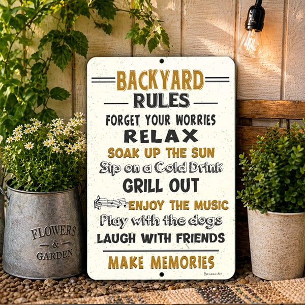 Backyard Rules metal sign displayed in a cozy outdoor patio setting for backyard decor