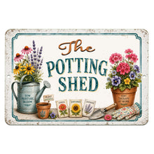 Load image into Gallery viewer, The Potting Shed metal sign featuring colorful flowers and rustic garden decor
