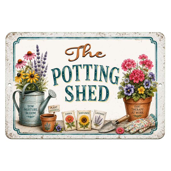 The Potting Shed metal sign featuring colorful flowers and rustic garden decor